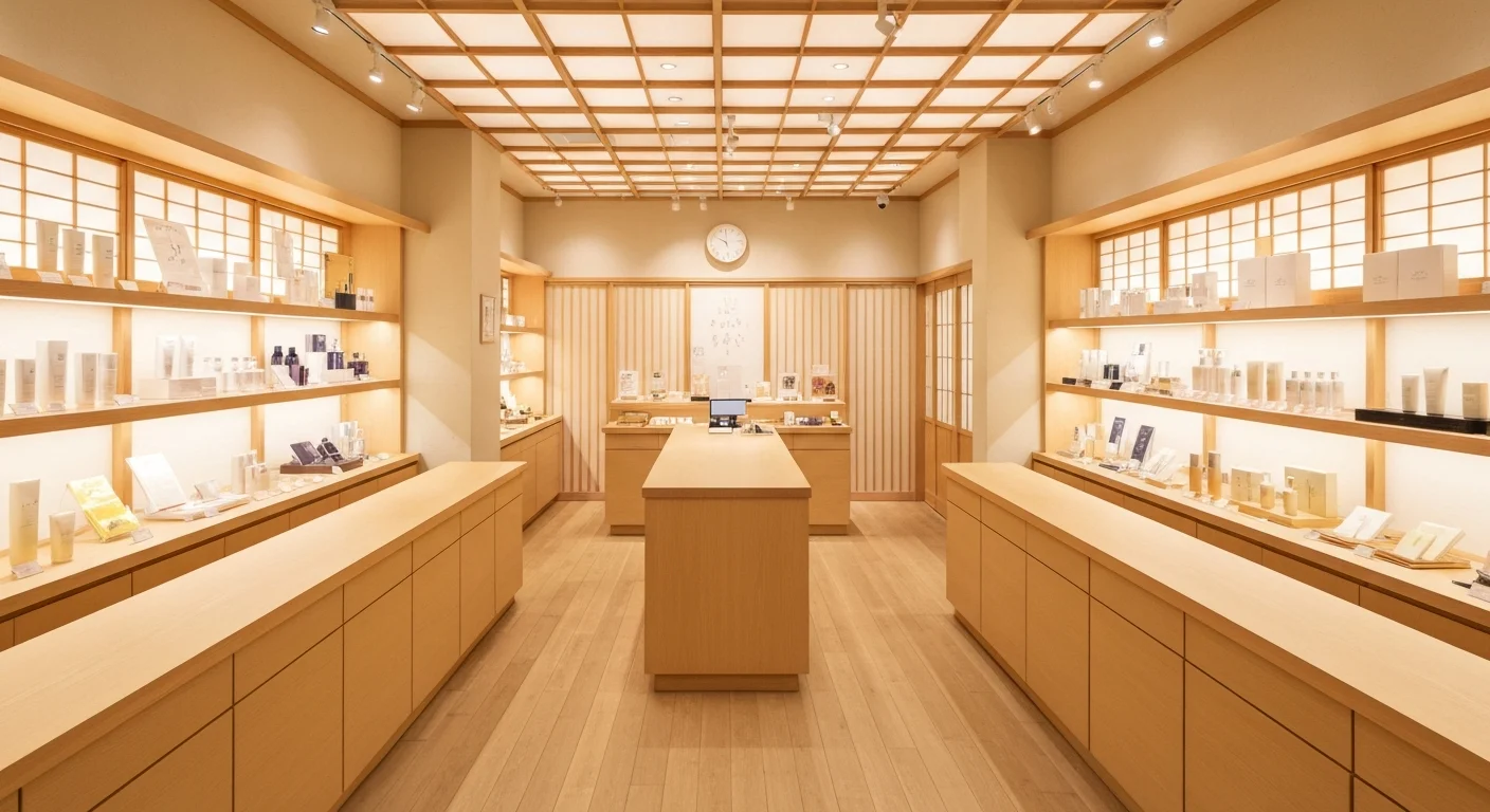 A full interior view of a store with beauty and wellness products neatly arranged on wooden shelves