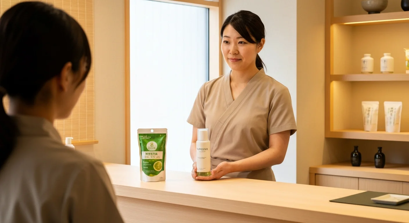 Hands of a staff member explaining a beauty product to a traveler in front of a product display