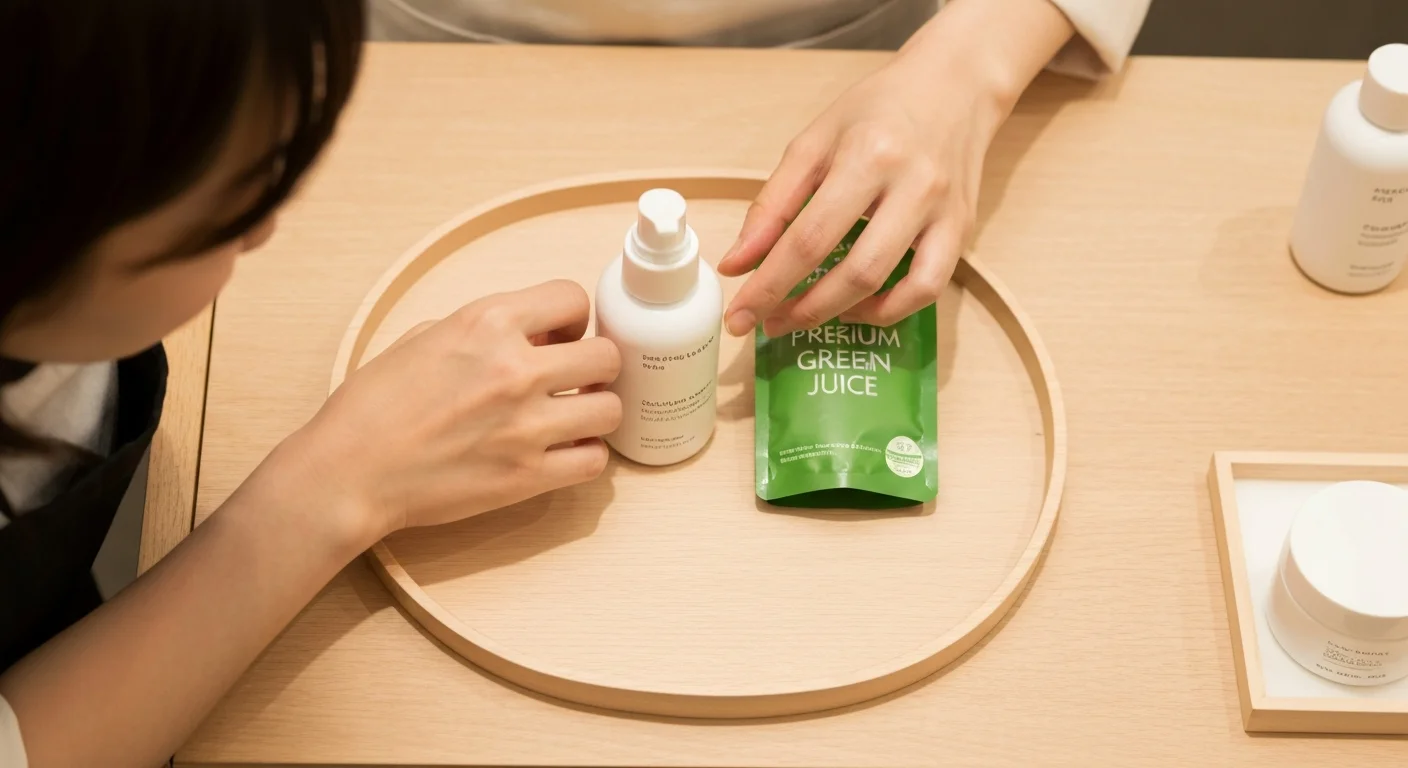 Hands arranging beauty products and small samples on a wooden shelf