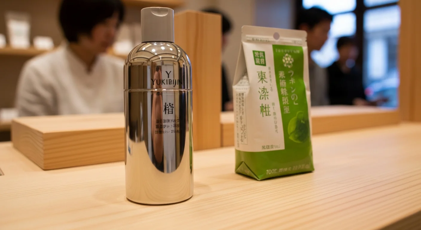 A close-up product photograph of a serum container and plant leaves on a wooden stand