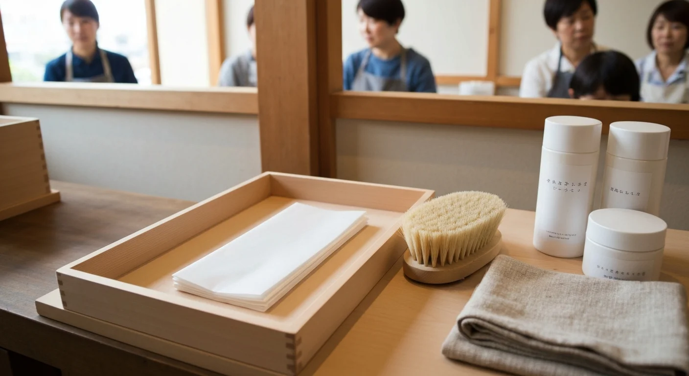 Still life of beauty bottles and botanical ingredients beside traditional Japanese paper and wooden tools