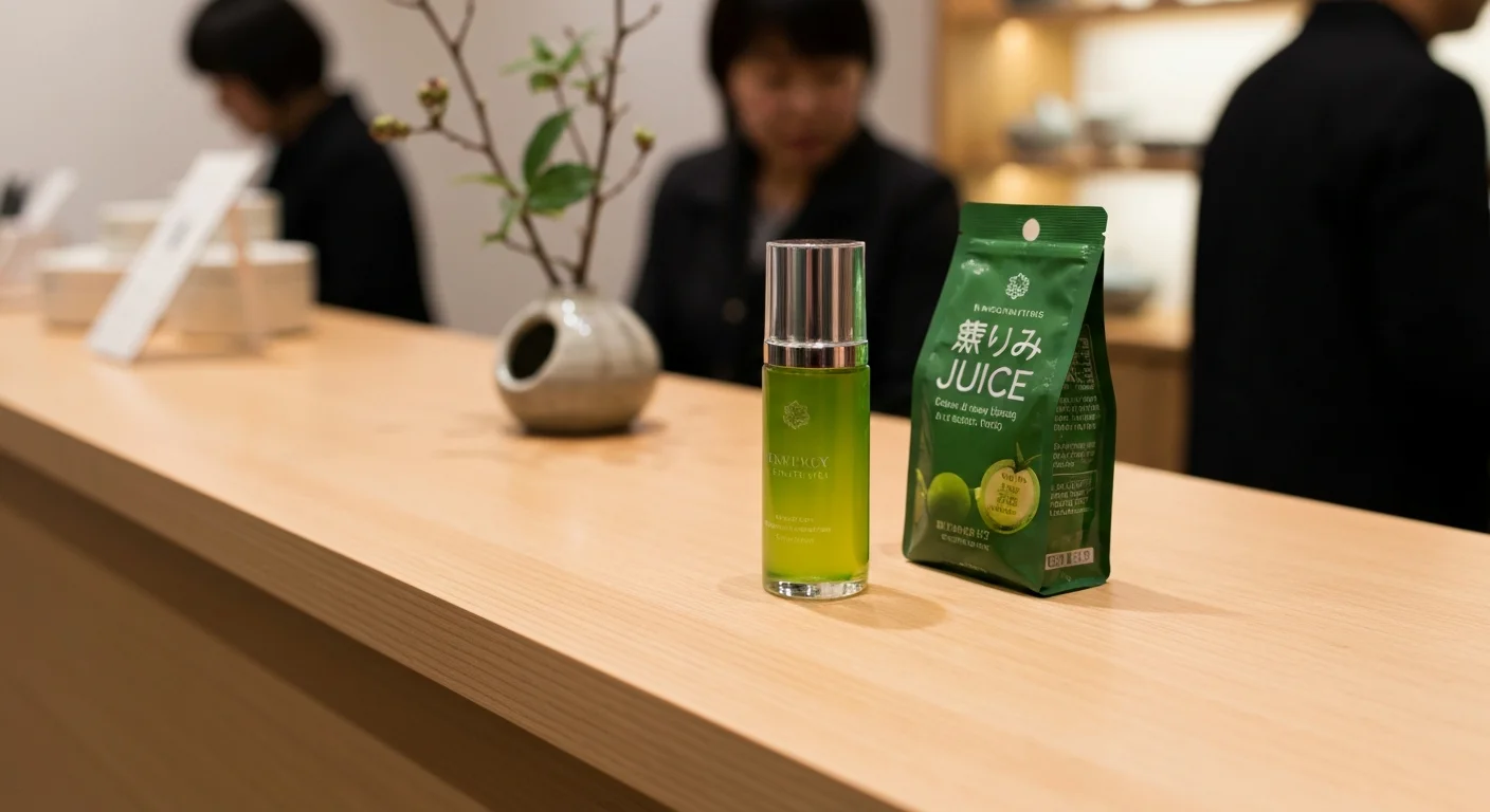 A close-up of clear serum in a palm beside soft fabric