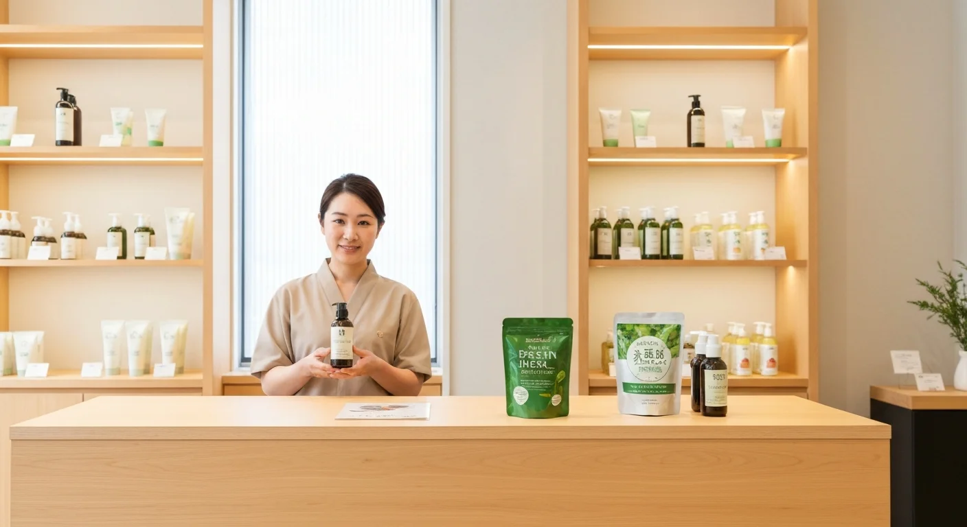 Beauty products and travel accessories arranged on a wooden table