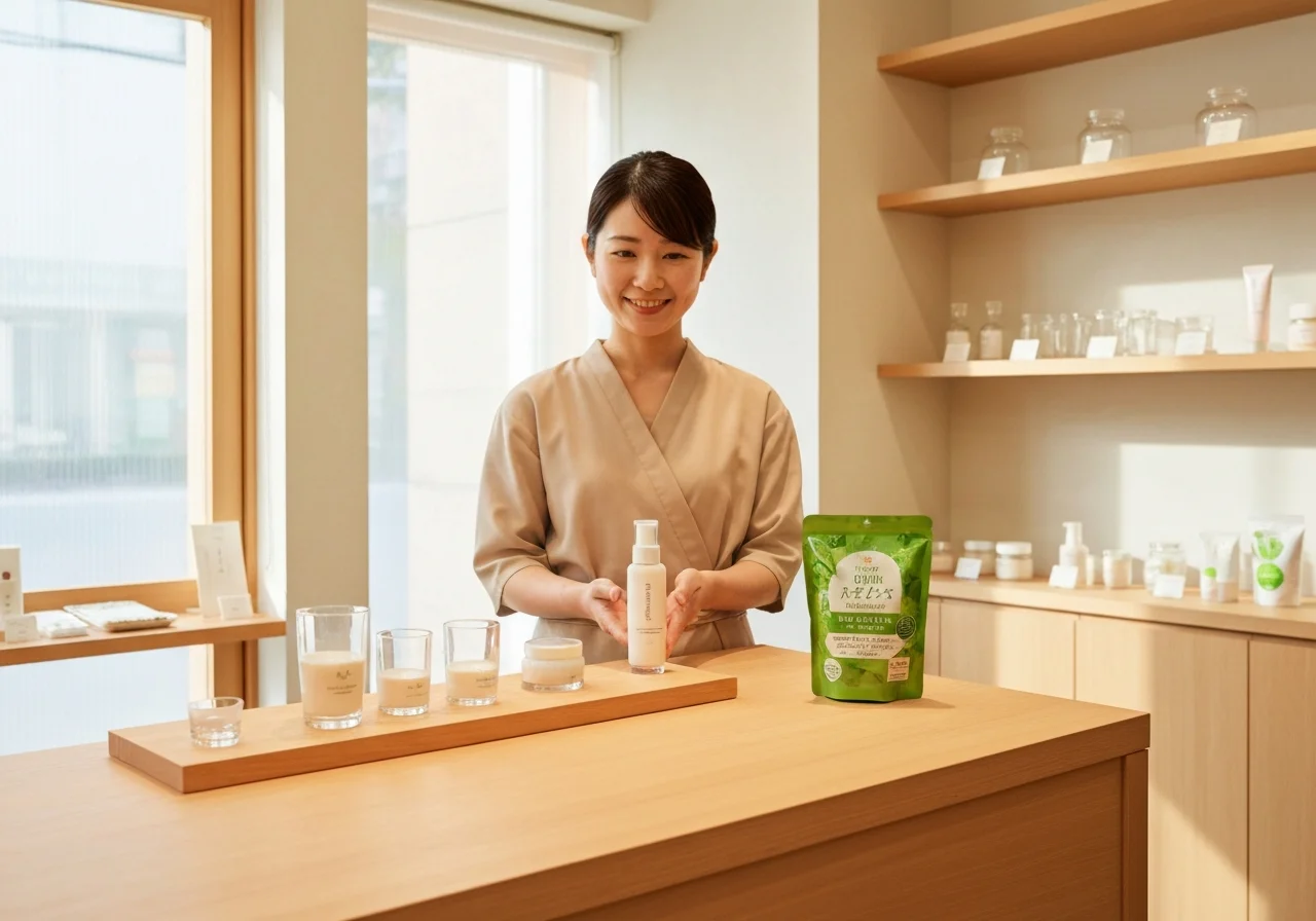 Angled product photo of Japanese beauty creams and glass containers arranged on a shelf