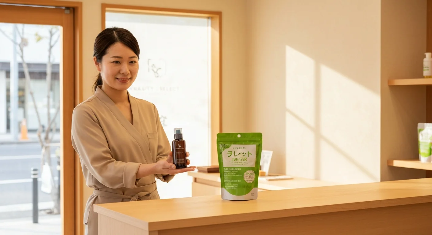 Interior of a store with Japanese cosmetics and wellness foods neatly arranged on wooden shelves