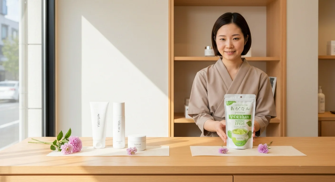 Skincare products in white containers with flowers arranged on Japanese paper