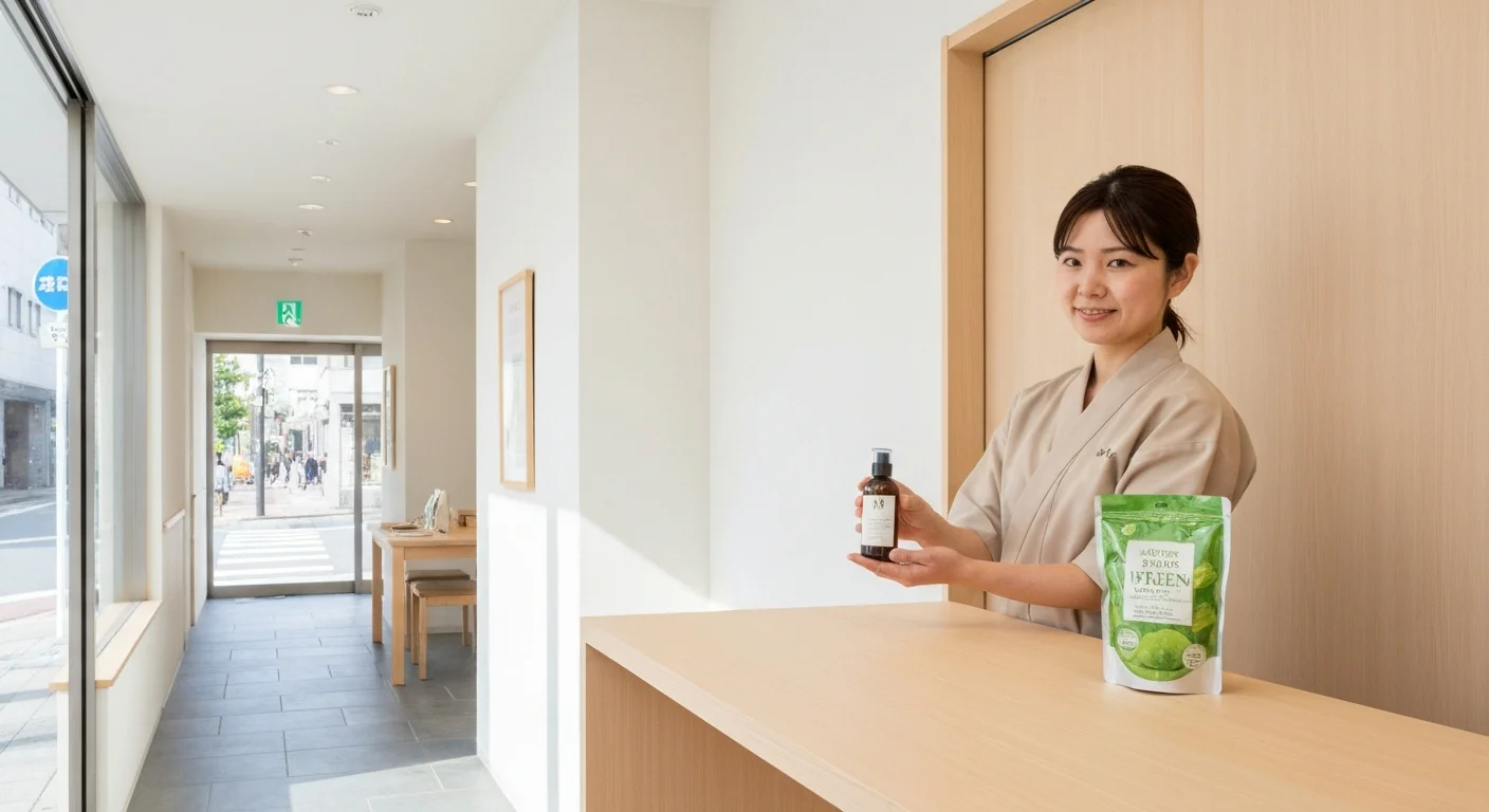 Wide-angle photo of a Japanese retail store showing product shelves and a wooden counter