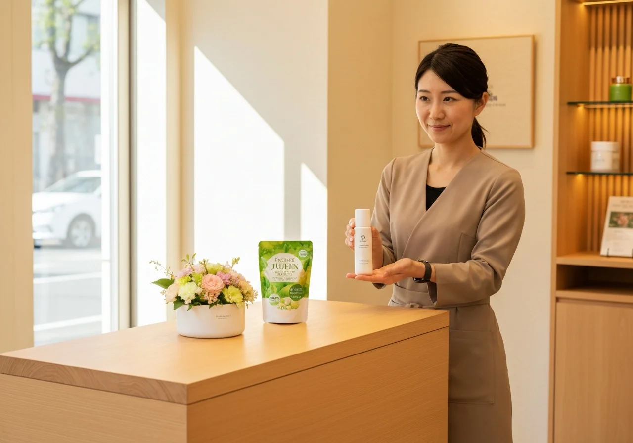 Product photo of Japanese skincare cosmetics in white containers arranged with flowers