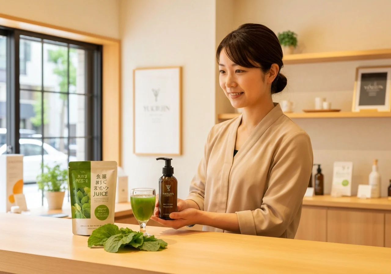 Photo of Aojiru in a clear glass alongside fresh green leaves