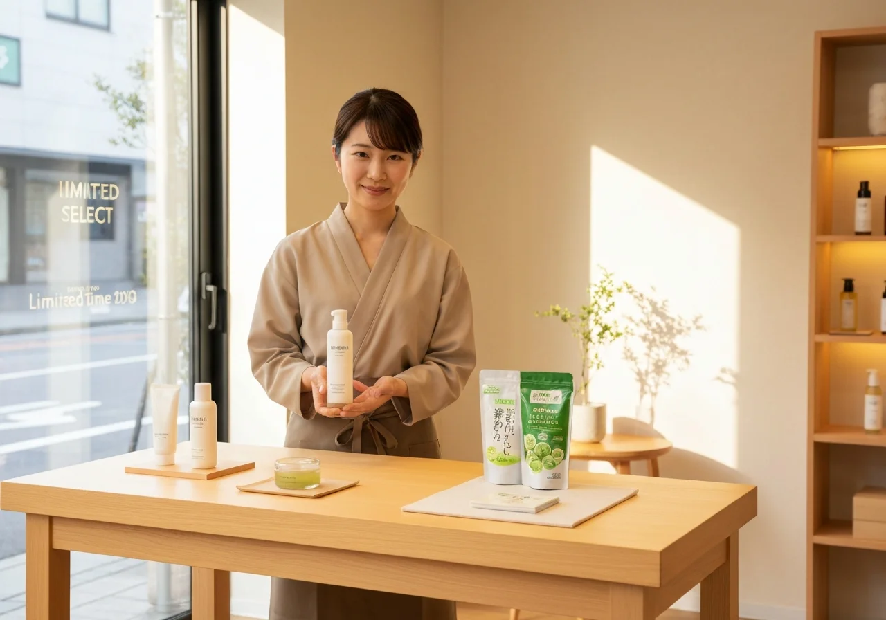Display at a limited-time sales event with beauty products arranged on a wooden table