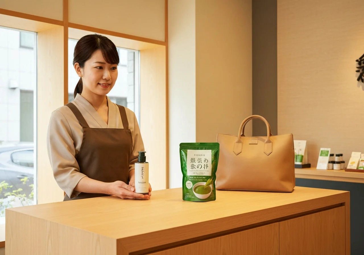 Japanese wellness foods and cosmetics placed beside a travel bag